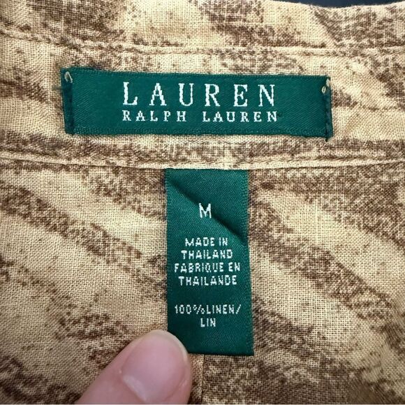 Lauren Ralph Lauren Linen Shirt Womens Sz M Tan Chevron Button Up Preppy Career - Picture 7 of 10